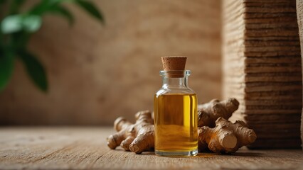 ginger background with aroma therapy massage essential oil bottle from Generative AI