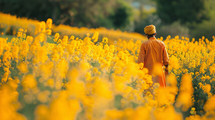 Backside view of an indian farmer walking in a yellow mustard flower field. - Powered by Adobe