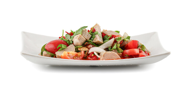 Spicy Vietnamese Pork Sausage Salad (Yum Moo Yor), Pork stick spicy salad thai recipe isolated on white background, White pork sausage asian - Mooyor in thai