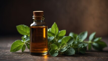 Obraz na płótnie Canvas oregano leaves background with aroma therapy massage essential oil bottle from Generative AI