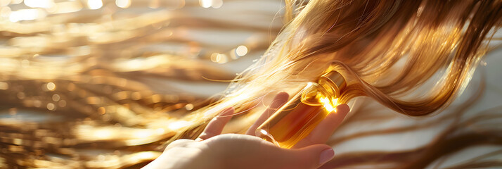 A cascade of silky hair, bathed in sunlight, flows over a hand delicately holding a bottle of nourishing hair oil - obrazy, fototapety, plakaty