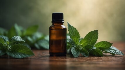 peppermint leaves background with aroma therapy massage essential oil bottle from Generative AI