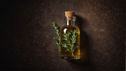 thyme leaves background with aroma therapy massage essential oil bottle from Generative AI