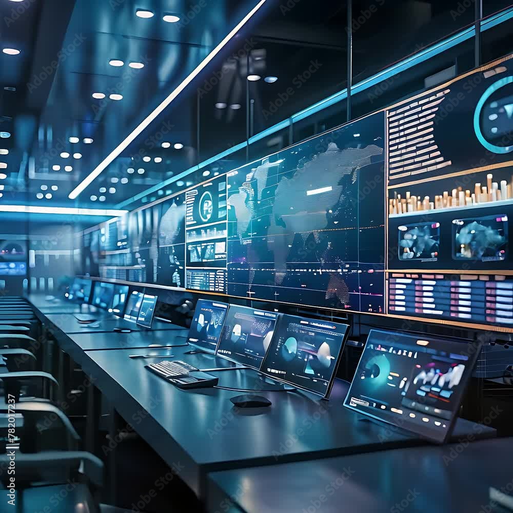 Poster the video depicts a a modern network operations center. in the center, there is a network operations