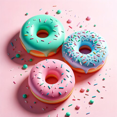 Stack three colorful donuts sprinkles pink background. Sweet dessert indulgence concept copy space