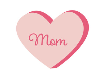 Pink heart with 'Mom' script text. Simple Mother's Day card design with copy space. Mother's Day concept for greeting card, invitation, and postcard design.