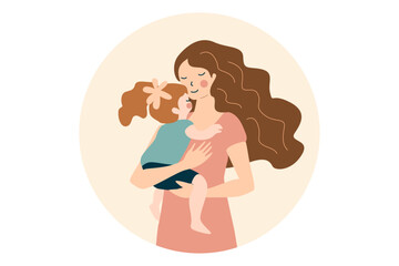 Mother with daughter illustration on pink circle background. Design for greeting card, Mother's Day celebration. Family love and care concept.