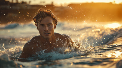 Male surfer running in sea, Santa Barbara, California, USA.