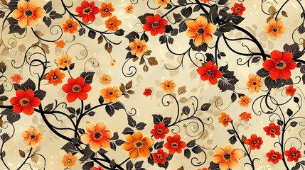 Floral Patterns: A vector pattern of blooming flowers and swirling vines