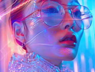 Avant-garde fashion portrait with reflective elements, capturing a futuristic visage against a high-tech neon grid