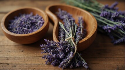 dried lavender healing herbs on wooden bowl from Generative AI