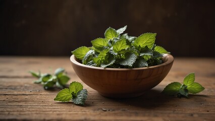 dried lemon balm healing herbs on wooden bowl from Generative AI