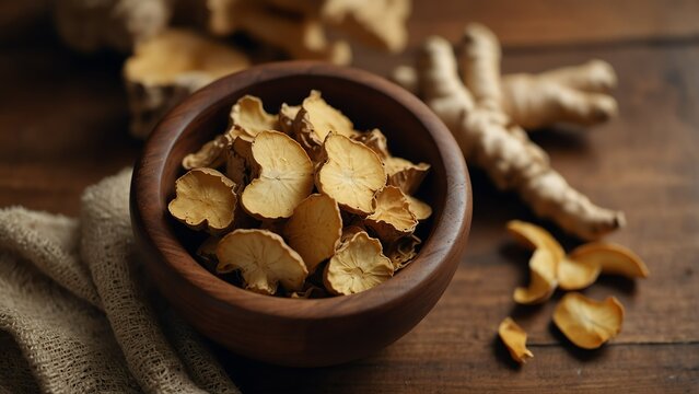dried ginger healing herbs on wooden bowl from Generative AI