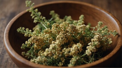 dried yarrow healing herbs on wooden bowl from Generative AI