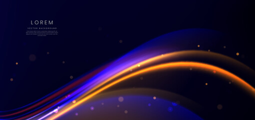Fototapeta premium Abstract futuristic curved glowing neon blue and orange light ray on dark blue background with lighting effect.