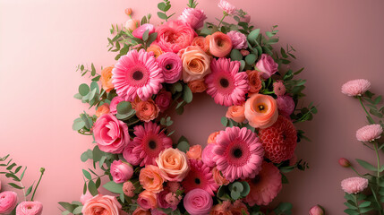 Circular floral arrangement varied pink flowers pink background. Flat lay, copy space, wedding, love