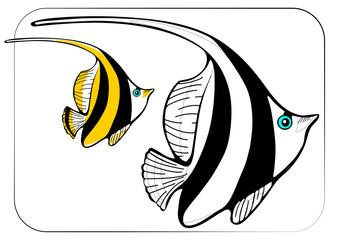 Page og coloring book. Fish for coloring. Yellow and black tropical fish. Vector, aspect ratio A4