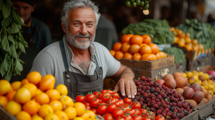 Smiling senior man vendor fruit market stall variety fresh produce. Outdoor market vendor portrait - obrazy, fototapety, plakaty
