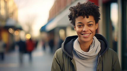 A young black woman with short curly hair smiles at the camera, wearing an olive green hoodie and gray scarf stands on a bustling city street in front of various shops