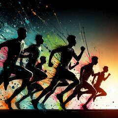 silhouette of runners in color splash paint
