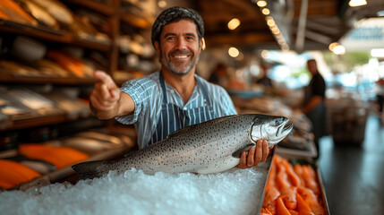 Experienced chef holding large speckled trout fish market. Gourmet seafood concept, gastronomy