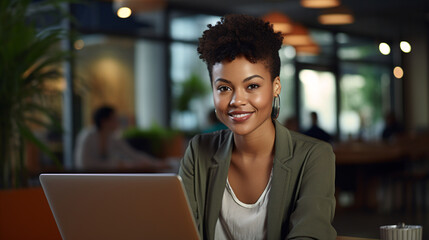 An African American woman with short hair, smiling and looking at the camera while sitting in front of her laptop computer working on a digital marketing project in an office setting 
