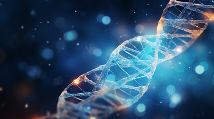  Abstract double helix DNA structure on blue background with bokeh lights,  Hyper realistic futuristic concept of bi. Drop Down in the air, closeup view 