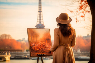 An artist paints an autumnal Paris scene with the Eiffel Tower in the background, suitable for...