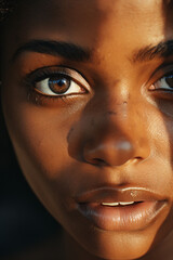 A closeup portrait of an African American woman with glossy brown skin, deep blue eyes and perfect eyebrows, lit by the soft glow of natural sunlight, highlighting her features in a cinematic style.