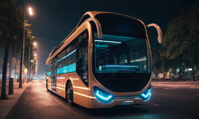 The image features a sleek, modern electric bus on a city street at night. The bus has a large, curved front end and glowing blue lights on the front and sides.  - obrazy, fototapety, plakaty