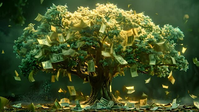 Tree with dollar bills moving in the wind. bills and money tree. Wealth savings or investment. Successful business project investment making money concept 4k video