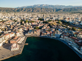 Fototapeta premium Aerial top view by drone of Chania city, Crete island, Greece.