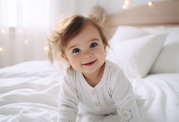 A cute baby girl in a white long-sleeved onesie smiling and crawling on the bed , bright background with soft lighting that highlights her adorable features
