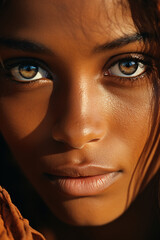 Close up of mixed race woman with brown skin, beautiful eyes and dark hair, in the desert at golden hour, African woman with beautiful eyes, sun-kissed skin, warm tones, detailed facial features