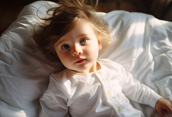 An adorable toddler girl with messy hair in white long-sleeved shirt lying on her back in bed looking up at the camera in a close-up shot from above in sunny morning light