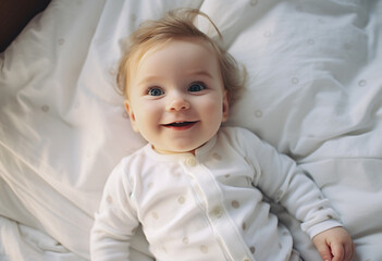 Cinematic photo of an adorable baby girl, wearing a white onesie pyjama with a dotted pattern on it laying in bed smiling at the camera. It is a top view shot from a high angle with a white sheet back