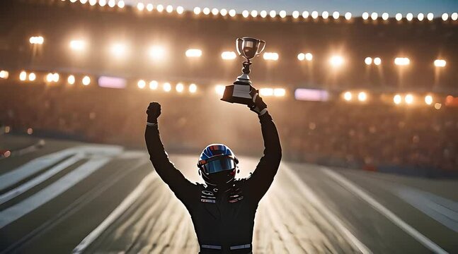 A video of a race car driver celebrating victory in a race against bright stadium lights and raising a trophy above her head.