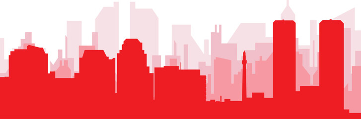 Red panoramic city skyline poster with reddish misty transparent background buildings of TIJUANA, MEXICO