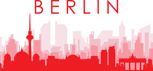 Red panoramic city skyline poster with reddish misty transparent background buildings of BERLIN, GERMANY © Sanja