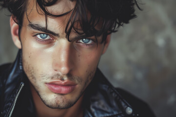 Fototapeta premium The romantic hero - beautiful young man - bad guy,masculine,sporty, wearing leather, dark hair,blue or grey eyes, atractive smile