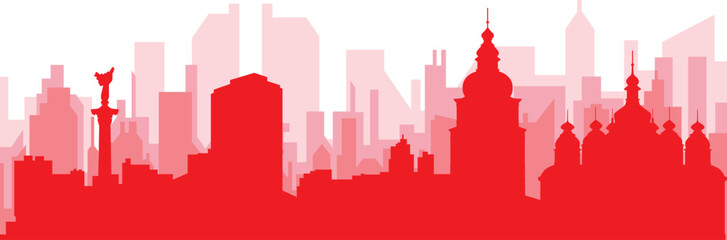 Red panoramic city skyline poster with reddish misty transparent background buildings of KYIV, UKRAINE