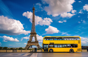 Double Decker open roof bus in yellow, standing next to the Eiffel Tower, blue sky with white clouds - obrazy, fototapety, plakaty