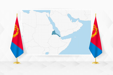 Map of Eritrea and flags of Eritrea on flag stand. - 782020881