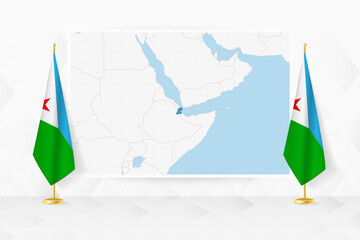 Map of Djibouti and flags of Djibouti on flag stand. - 782020887