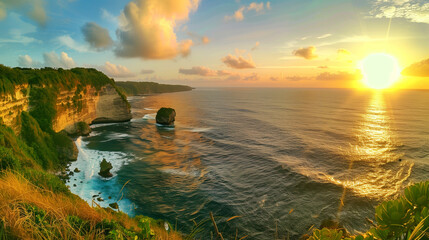 A photo of The dramatic cliffs and pristine beaches of Nusa Penida bathed in the warm glow of sunset - obrazy, fototapety, plakaty