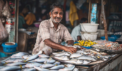 An Indian man selling wide variety of fishes in his shop.