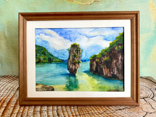 Wooden frame depicting a tropical island and a blue sea in vintage style. James Bond Island