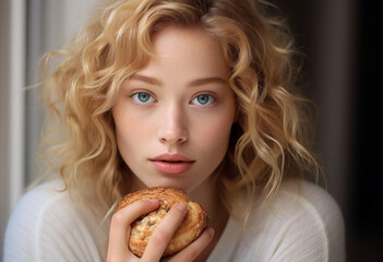 Portrait of a blonde young woman with curly hair and blue eyes eating an almond croissant, shown in close up, looking at the camera with a window light background in natural daylight