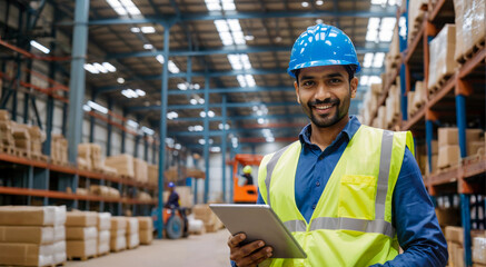 Smiling Indian supervisor with tablet in heavy industry warehouse
