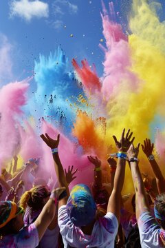 A colorful explosion as runners are showered with Holi powder during a vibrant cultural-themed run